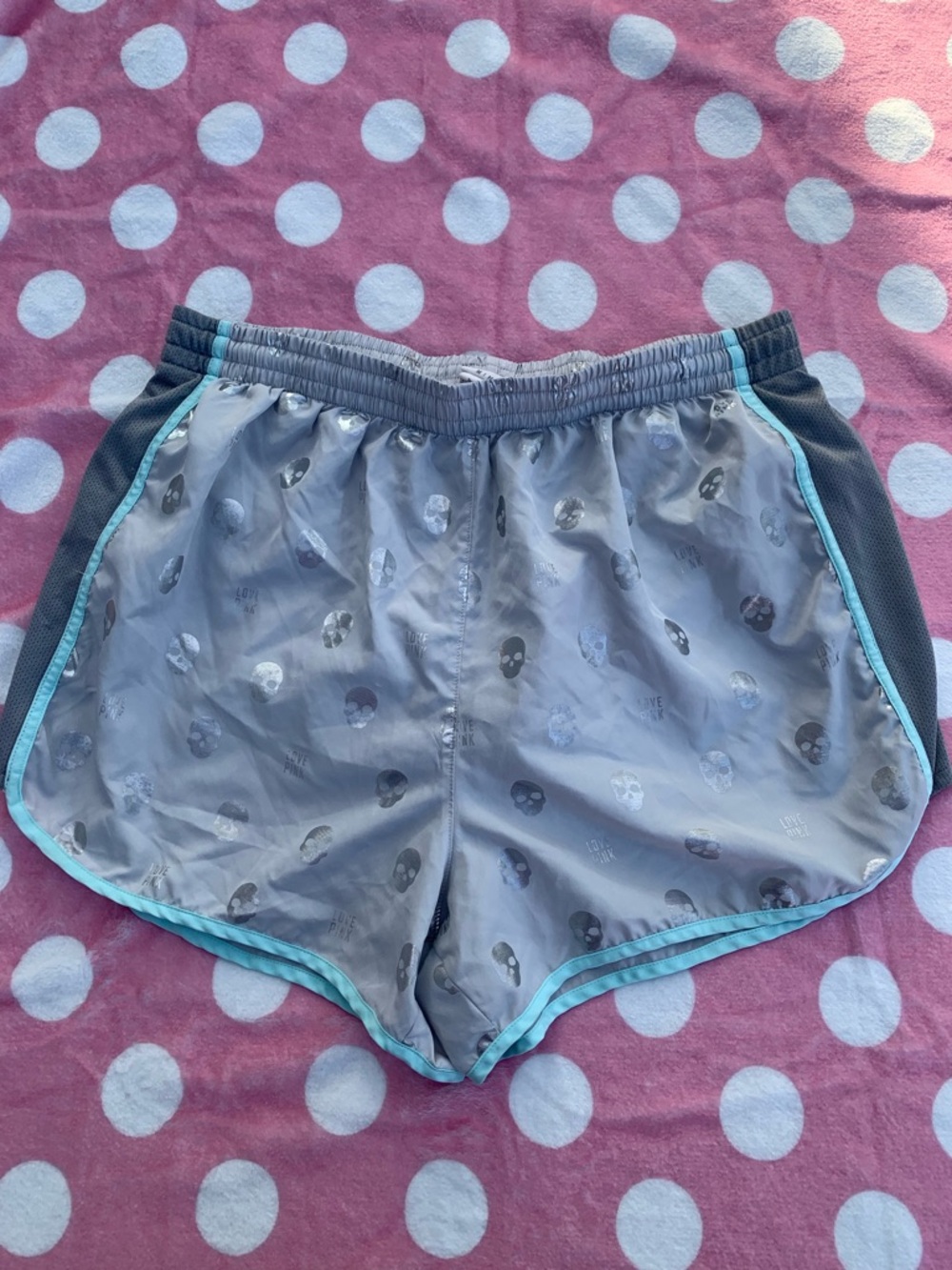 PINK Victoria's Secret Gray Skull-Print Athletic Shorts with Teal Trim